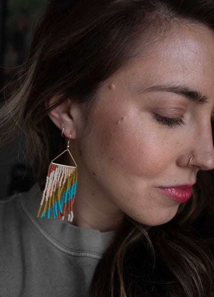 Rust Turquoise Diagonal Stripe On Triangle Earring