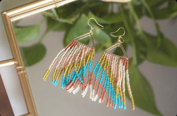 Rust Turquoise Diagonal Stripe On Triangle Earring